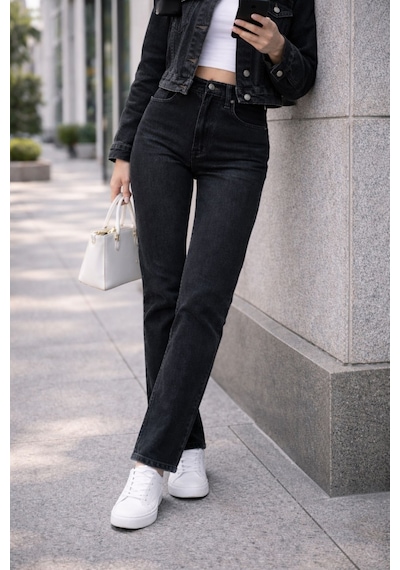 Cedy Denim Kadın Boru Paça Yüksek Bel Regular Fit Likralı Pantolon Siyah Cedy Denim Kadın Boru Paça Yüksek Bel Regular Fit Likralı Pantolon Siyah