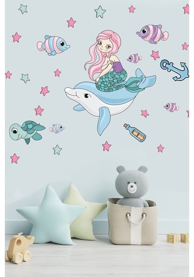 Deniz Kızı Ve Balıklar Temalı Çocuk Odası Banyo Duvar Sticker Turuncu