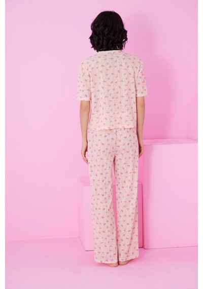 Siyah İnci Pointel Ajurlu/delikli Bisiklet Yaka Örme Pijama Takım Somon Çiçek