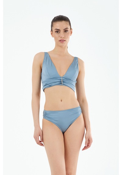 Louren Kadın Mavi Düz Boncuk Aksesuarlı Çıkarılabilir İnce Kaplı Üçgen Bikini Takımı Mavi