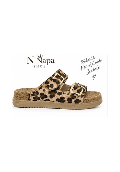 Nzp-24025-lpr N Napa Shoe Kadın Leopar Desenli Çift Bantlı Terlik Taba