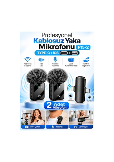Platoon Pl-2706 F15-2 Profesyonel Kablosuz Yaka Mikrofonu Type-c Lightning İos Net Ve Güçlü Ses