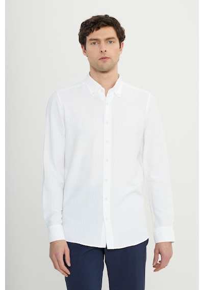 AC&Co / Altınyıldız Classics Erkek Beyaz Slim Fit Dar Kesim Düğmeli Yaka Armürlü Gofre Desenli Gömlek Beyaz