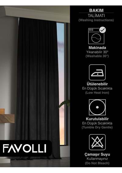 Kadife Dokulu Siyah Ada Fon Perde Ekstrafor Büzgülü Dream Series Siyah