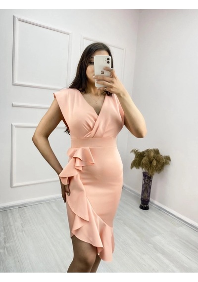 Valensdesign Scuba Kumaş Önü Fırfırlı Midi Boy Elbise Somon