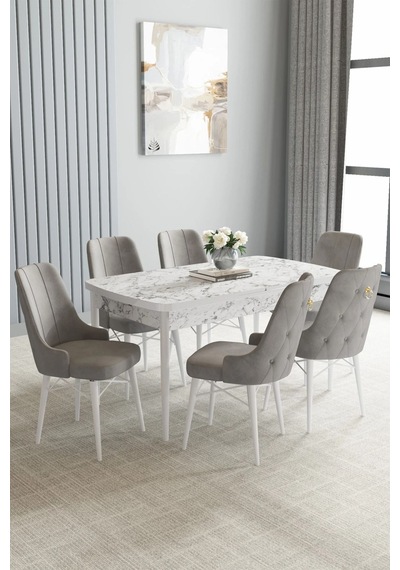 Familieconcept Zümra Serisi, Beyaz Mermer Desen 80x132 Açılabilir Mdf Mutfak Masası Takımı 6 Adet Sandalye Gri Familieconcept Zümra Serisi, Beyaz Mermer Desen 80x132 Açılabilir Mdf Mutfak Masası Takımı 6 Adet Sandalye Gri