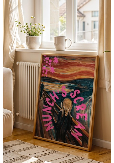 Edvard Munch The Scream Çığlık Çerçeveli Tablo Pembe Boya Sıçramalı İkonik Klasik Sanat Tablosu Altered Art