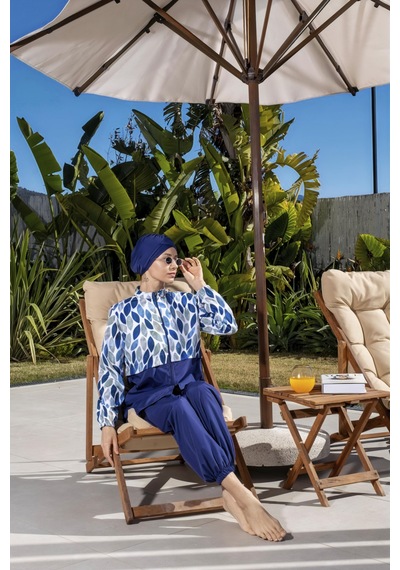 Mayom Tam Kapalı Paraşüt Kumaş Crop Model Damla Desenli Tesettür Mayo - 2527 Lacivert-mavi