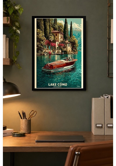 Göl Ve Tekne Vintage İllüstrasyonu Desenli Dekoratif Mdf Tablo, Çerçeve Görünümlü Ahşap Poster