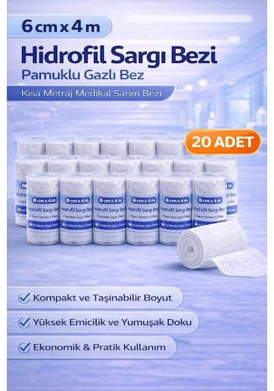 6 Cm X 4 M Hidrofil Sargı Bezi Pamuklu Gazlı Bez Kısa Metraj Medikal Sarım Bezi 20 Adet