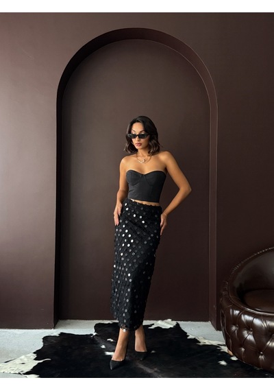 Verymoda Pul Detaylı Abiye Midi Etek F2012 Siyah