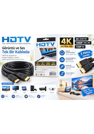 Radem Hdtv 3 Metre Hdmı Kablo 4k Ultra Hd Görüntü Ve Ses Destekli Tv Pc Laptop Oyun Konsolu Projeksiyon