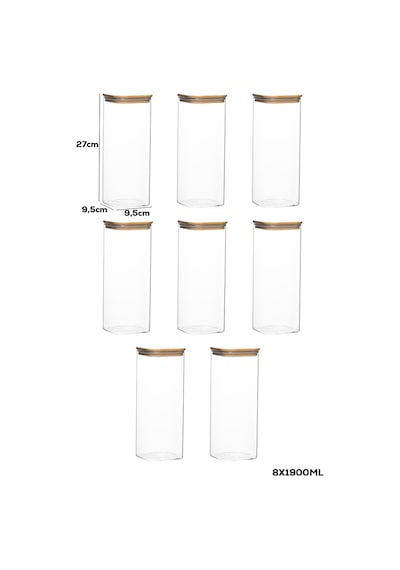 Porsima 7-4 Bambu Vakumlu Kapaklı Kare Borsilikat Cam 8li Kavanoz Seti Saklama Kabı 1900ml 9,5x27cm