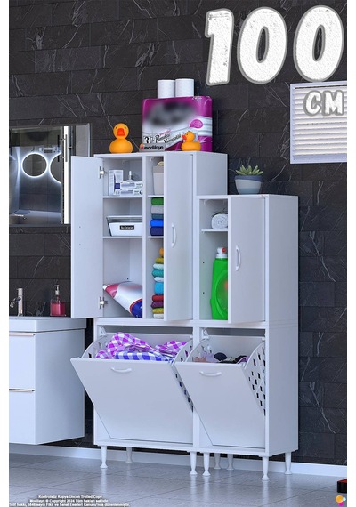 Enes 100 Cm Beyaz Çok Amaçlı Dolap Banyo Dolabı 2 Kapaklı Sepetli Dolap 60+40 X160x32,5 Cm