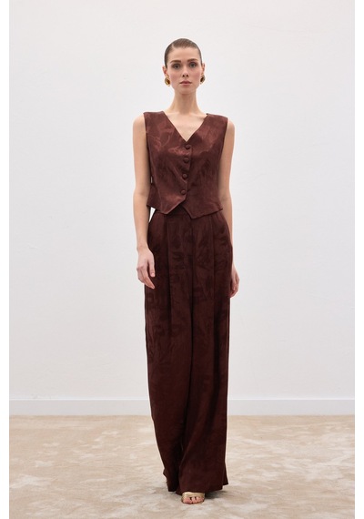 Sateen Jakarlı Yelek - Kahve-136838 Kahve