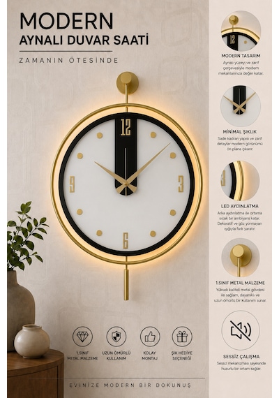 Pey Aksesuar Metal 40x60 Camlı Duvar Saati Işıklı Gerçek Cam Duvar Saati Modern Tasarım Gold-beyaz