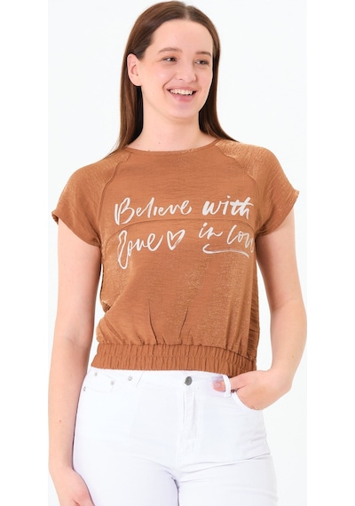 Sortie Collection Reglan Kollu Yazı Baskılı Beli Lastikli Bluz Kahverengi