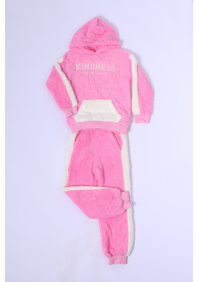 Kız Çocuk Peluş Eşofman Takımı Nakışlı Kapüşonlu D48 Pembe