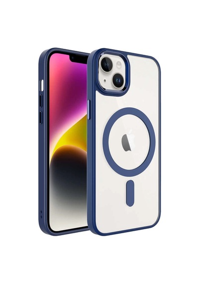 Apple iPhone Uyumlu 14 Kılıf Wireless Şarj Özellikli Zore Krom M-safe Silikon Kapak Lacivert