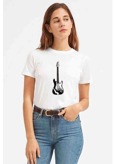 Beyaz Ve Siyah Elektro Gitar Müzik Baskılı Beyaz Kadın Tshirt