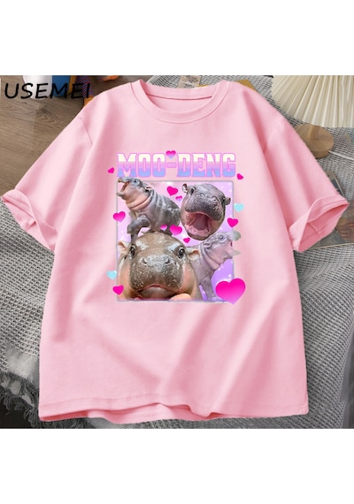 Flood Of Style Komik Moo-deng Bebek Pygmy Hippo Sevimli Hayvanat Bahçesi T Shirt Adam Kadın Nedensel Pamuk K Pembe