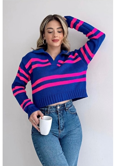 Alisse Polo Yaka Çizgili Desenli Crop Kadın Triko Kazak Desenli
