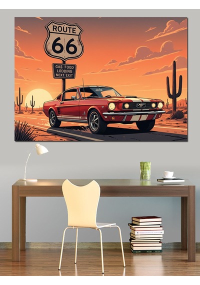 Route 66 Kırmızı Retro Araba Ve Vahşi Batı Yol Manzarası Dekoratif Kanvas - Mdf Ahşap Tablo