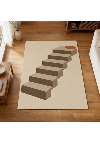 Kartela Halı Basamak Merdiven Desenli Modern Halı Bej Kaymaz Taban Makinede Yıkanabilir 60x90 Cm