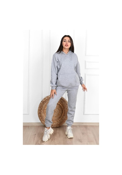 Düz Basic Eşofman Takımı Sweatshirt Jogger - Gri Oversize Şardonlu Kapüşonlu Gri