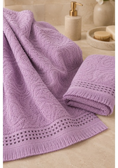 Paisley Desenli Saçaklı 2 Li Baş Ve Banyo Havlusu Seti 50x90 + 90x150 Cm - Lila