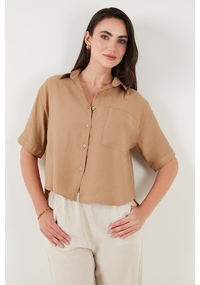 Lela Regular Fit Göğüs Cepli Kısa Kollu Bayan Gömlek 6779324 Bisküvi