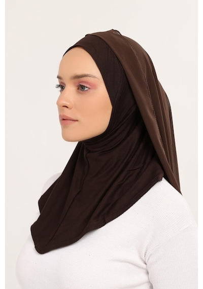 Altobeh Hazır Lüks Pratik Hijablı Şifon Şal Kahve Rengi
