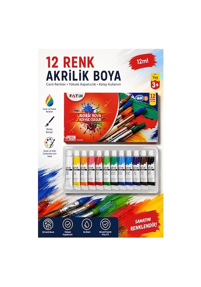 Akrilik Boya 12 Renk Tüp 1 Paket Fatih 12 Ml 12 Li Akrilik Boya Resim Dersi Tuval Ahşap Taş Boya Seti Çok Renkli