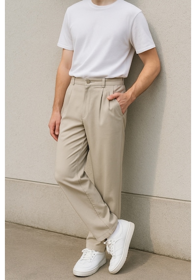 Cedy Denim Yüksek Kalite Erkek Yüksek Bel Pileli Baggy Chino Pantolon C358 Bej