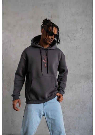 Erkek Kordonlu Arka Maske Kordon Saçlı 3 İplik Pamuklu Kapüşonlu Sweatshirt - Füme
