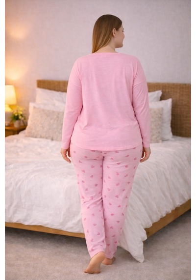 Nisanca Kadın Büyük Beden Uzun Kollu Rahat Pijama Takımı Yumuşak Dokulu Konforlu Ev Giyimi Pembe