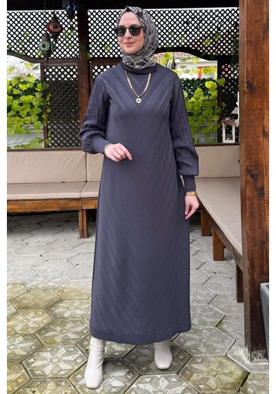 Rabia Şamlı Yağmur Triko Elbise Antrasit Normal