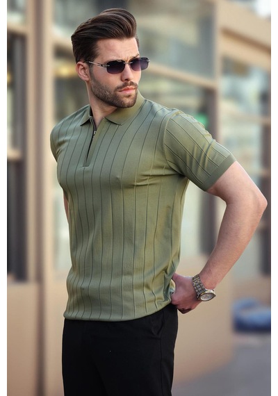Madmext Madmext Haki Polo Yaka Fermuarlı Erkek T-shirt E7298 Haki