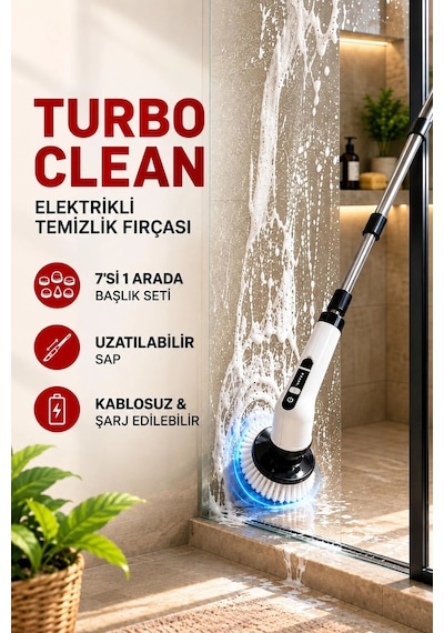 Turbo Clean Elektrikli Temizlik Fırçası 7 Başlıklı Kablosuz Şarjlı Döner Fırça Çok Renkli