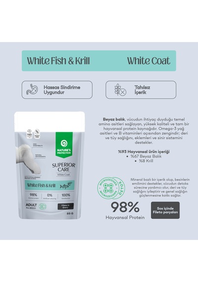 Nature S Protection Superior Care Beyaz Tüylü Köpekler İçin Beyaz Balıklı & Krilli Sos İçinde Yaş Köpek Maması 85g