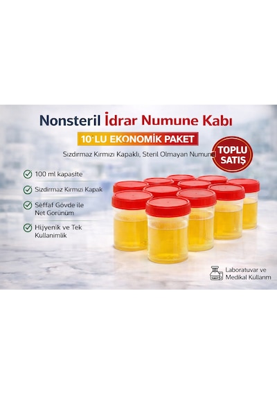 Nonsteril İdrar Numune Kabı 100 Ml Sızdırmaz Kapaklı Steril Olmayan Numune Kabı Laboratuvar Ve Medikal Kullanım 10 Adet