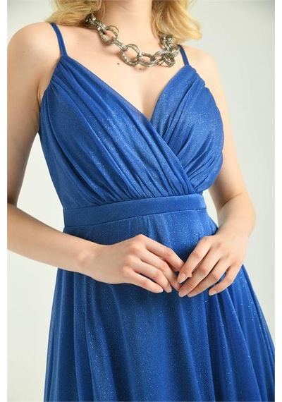 Neşeli Butik Kadın Mavi Simli Tül Kumaş Askılı Uzun Abiye Nbs9276 Mavi