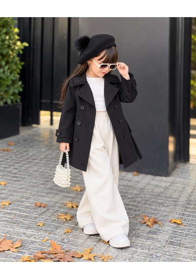 Kokoş Bebe Kız Çocuk Trençkot Kaşe Bere 2 Li Takım - 3/12 Yaş - 31944 Siyah