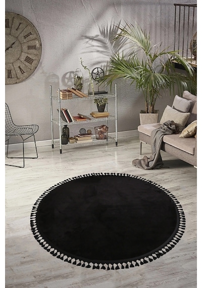 Vl Comfort Puffy Ponpon Saçak Peluş Yıkanabilir Siyah Yolluk Yuvarlak Ponpon Saçak