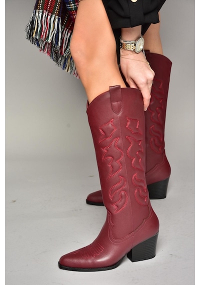 Fox Shoes T296815009 Bordo Kovboy Model Kadın Çizme Bordo-suni Deri Bordo