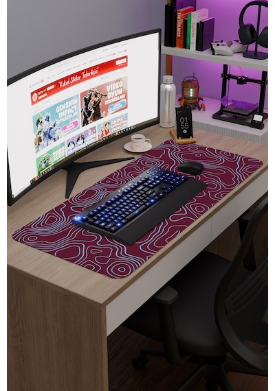 Bordo Mavi 90x40 Xxl Taraftar Gaming Oyuncu Mouse Pad Kaymaz Taban Büyük Fare Altlığı Topography