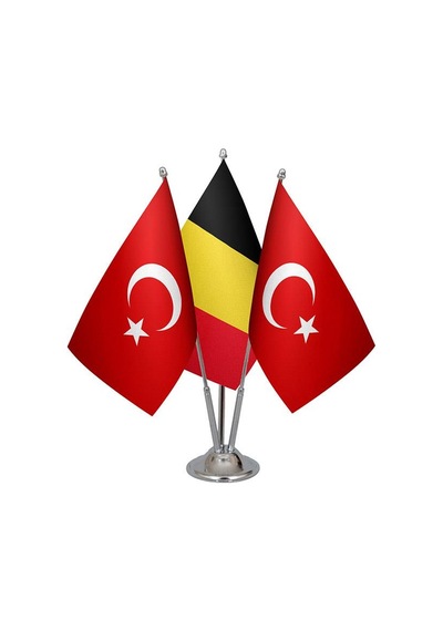 Masa Üstü Belçika Bayrağı Türk Bayrağı Üçlü Krom Direk Masa Bayra