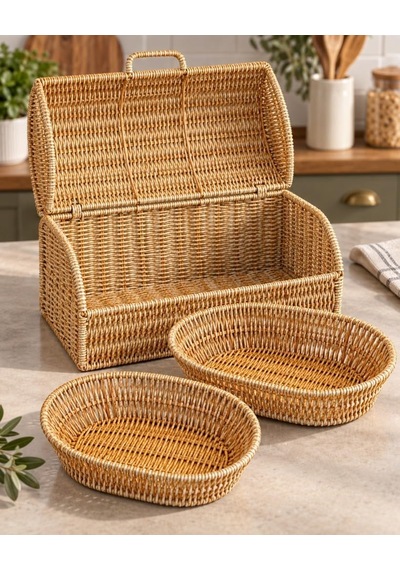 Tr 3'lü Hasır Örgü Tasarımlı Kapaklı Ekmeklik Ve Rattan Sepet Seti M-1375 Diğer