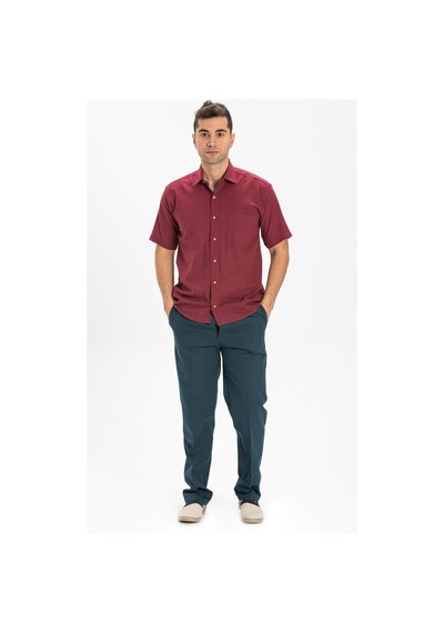 Eliş Şile Bezi Büyük Beden Kısa Kol Şile Bezi Tek Cepli Erkek Gömlek Koyu Bordo 3068 - 3XL