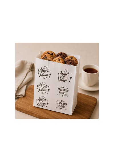 100 Adet Baskılı Servis Kesesi 15x20x8 Cm - Tost Poğaça Simit Sandviç Sunum Kağıdı - Fast Food Paket Servis Kılıfı